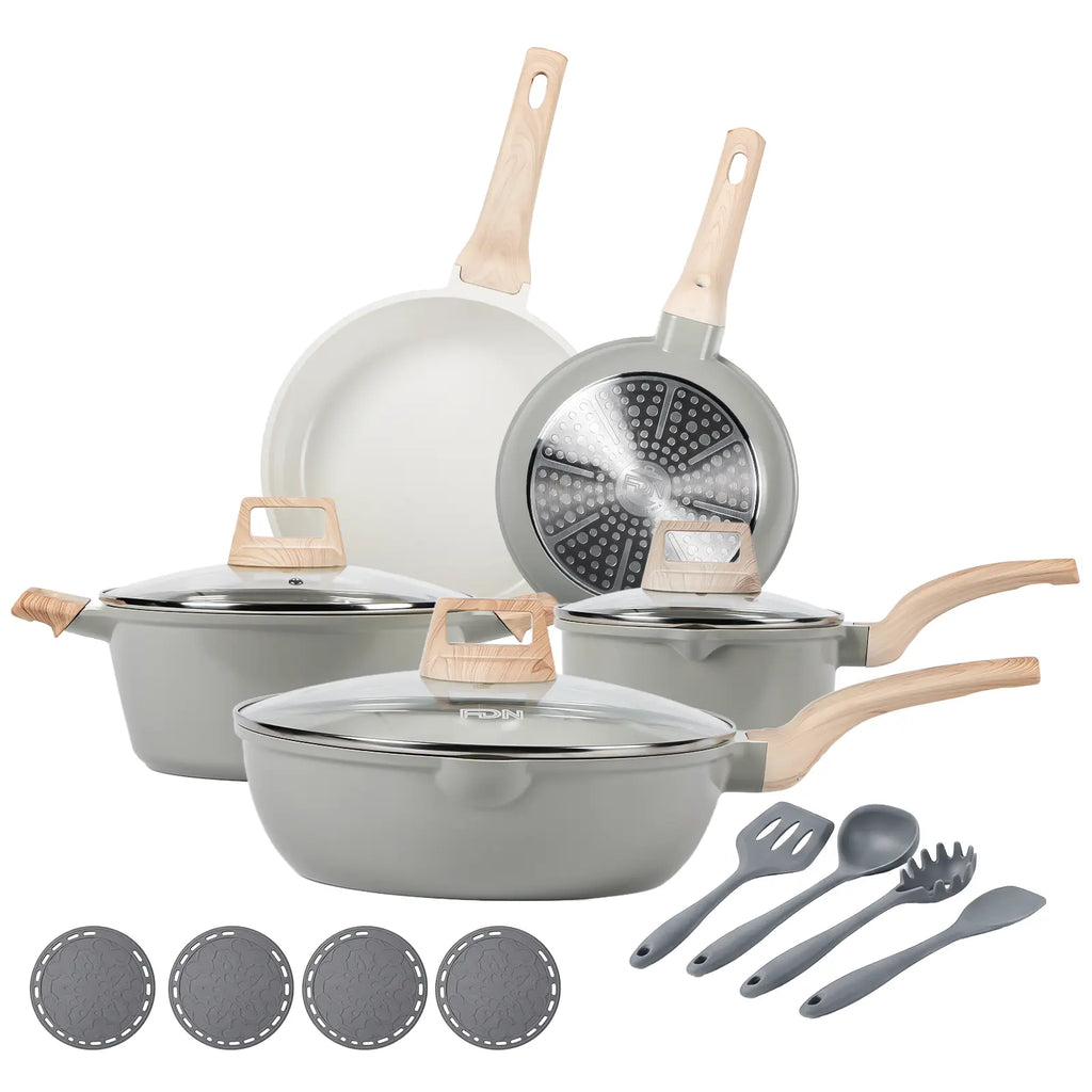 [ New ]FDN 16-Pc Aesthetic Cookware Collection, Non-Toxic Pfas-Free Titanium Caremic Granite Pots and Pans Set, Easy-Clean Oven & Dishwasher Safe, Induction Ready Cooking Set with 10" (24Cm) Fry Pan, Glass Lids, Kitchen Utensils, Aluminium, Deals for You